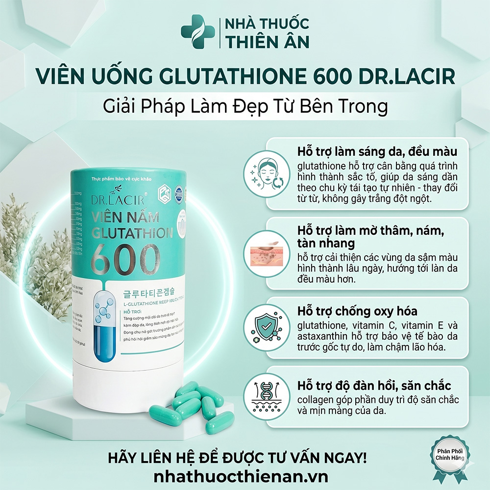 công dụng của glutathione 600 Viên uống Glutathione 600 Dr Lacir (Hộp 30 viên) chính hãng