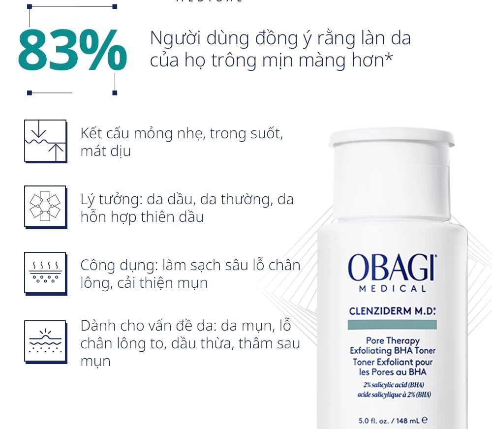 Công dụng Toner Obagi Clenziderm M.D. Exfoliating BHA 148ml