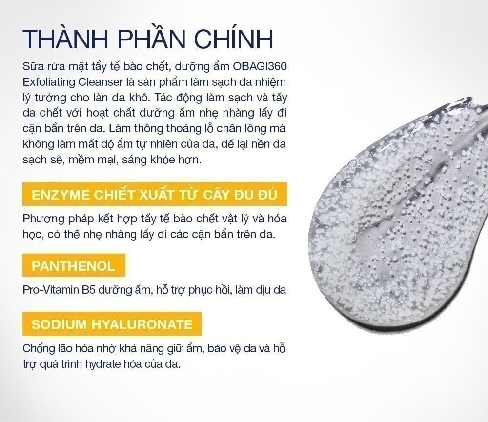 Thành phần Sữa rửa mặt OBAGI360 Exfoliating Cleanser