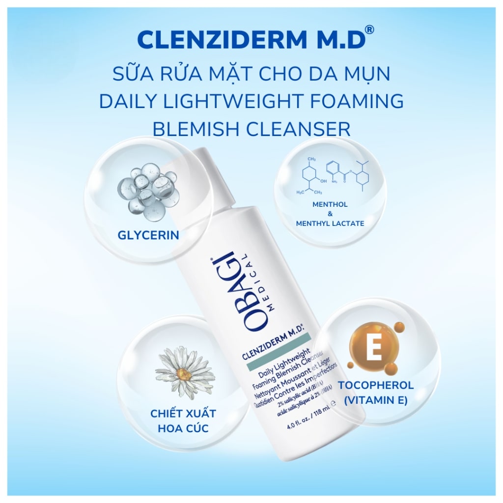 Thành phần Sữa rửa mặt trị mụn Obagi Clenziderm Foaming Cleanser 118ml