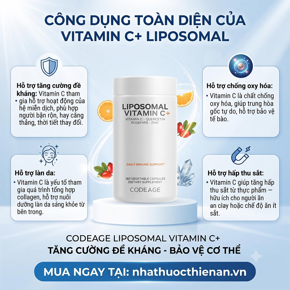 cong dung Codeage Liposomal Vitamin C ho tro de khang chong oxy hoa lan da