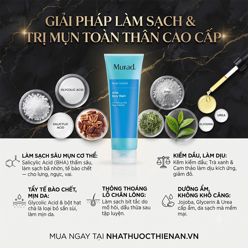 cong dung Murad Acne Body Wash lam sach da lung nguc vai de noi mun