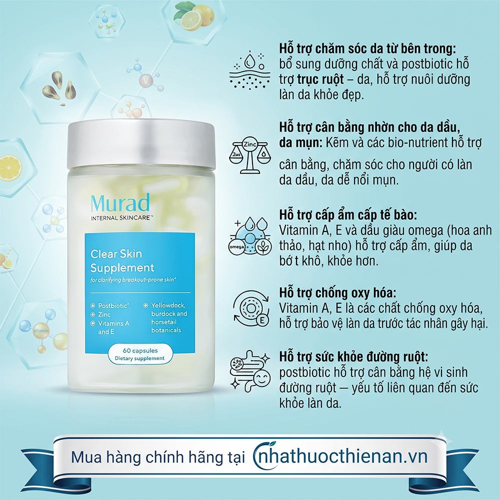 cong dung Murad Clear Skin Supplement ho tro cham soc da tu ben trong da mun