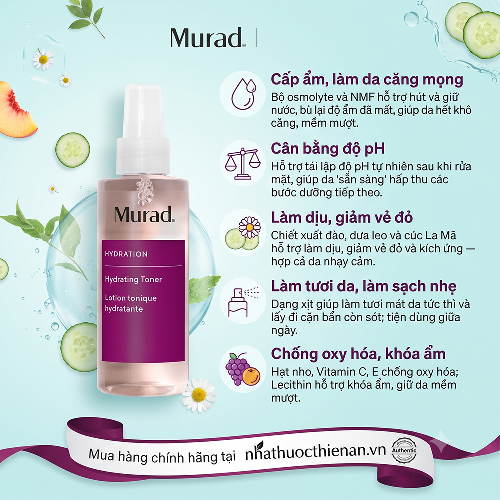 cong dung Murad Hydrating Toner cap am can bang pH lam diu da