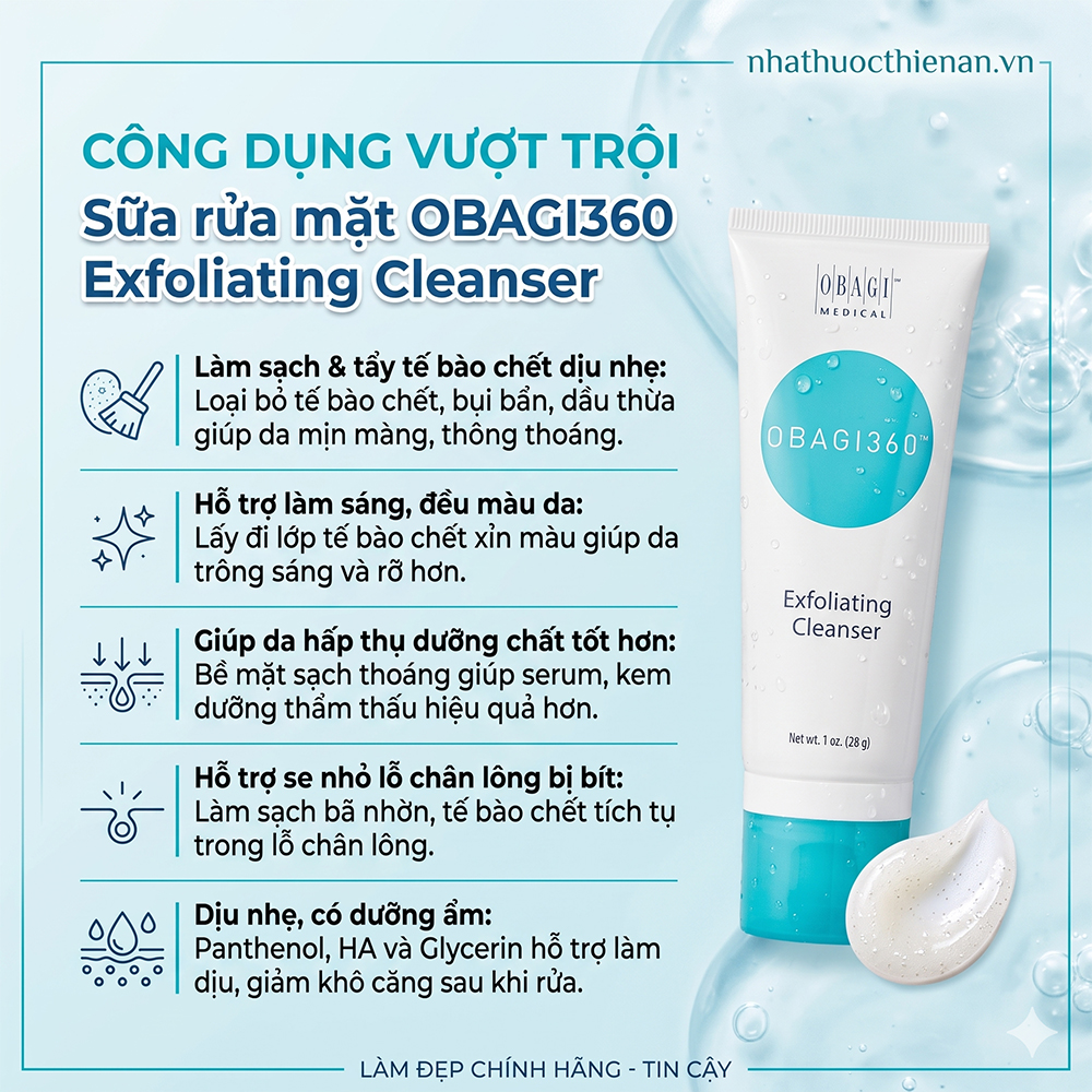 cong dung Obagi360 Exfoliating Cleanser tay te bao chet da min sang