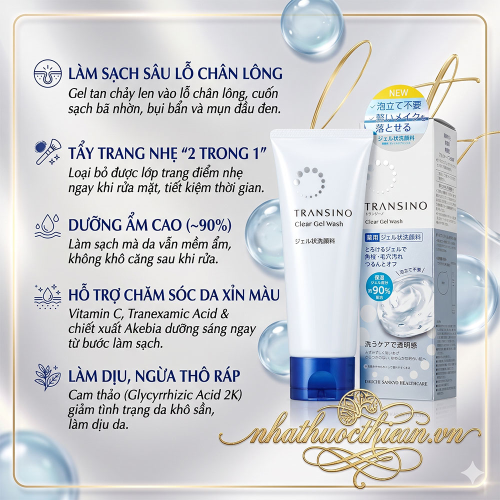 cong dung gel rua mat Transino Clear Gel Wash lam sach duong am
