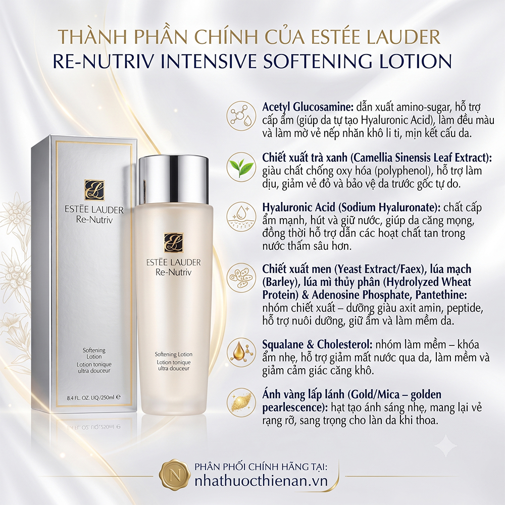 thanh phan Estee Lauder Re-Nutriv Softening acetyl glucosamine tra xanh hyaluronic khong con