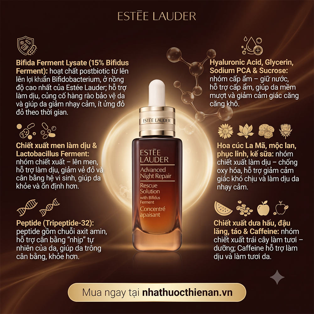 thanh phan Estee Lauder Rescue Solution 15% bifidus ferment men lam diu peptide hyaluronic