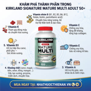 thanh phan Kirkland Mature Multi 50 vitamin A C D3 E K nhom B canxi magie kem selen