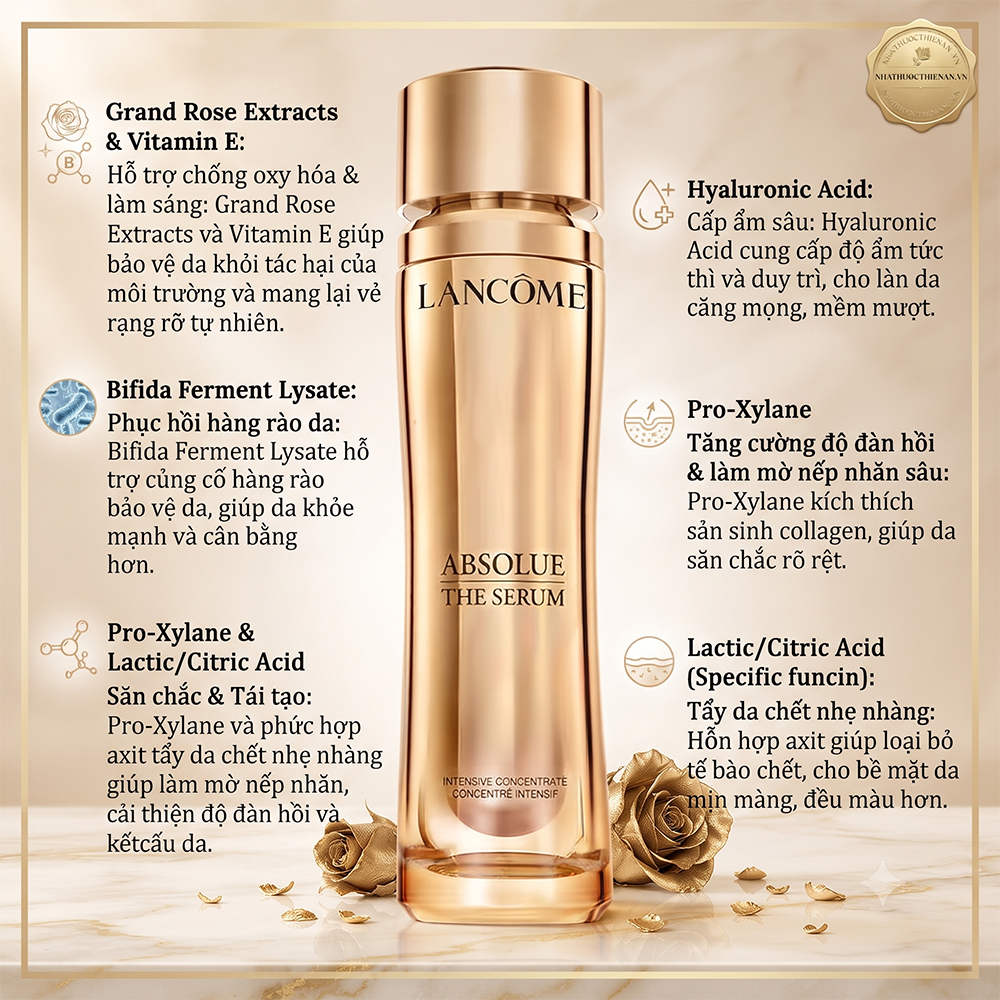 thanh phan Lancome Absolue The Serum grand rose extracts bifida pro-xylane axit tay da chet