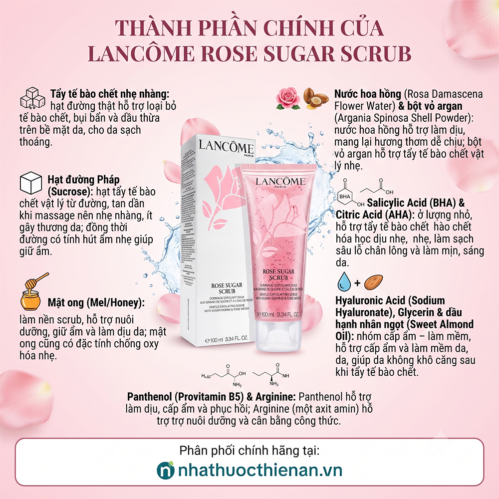 thanh phan Lancome Rose Sugar Scrub hat duong mat ong nuoc hoa hong hyaluronic hanh nhan