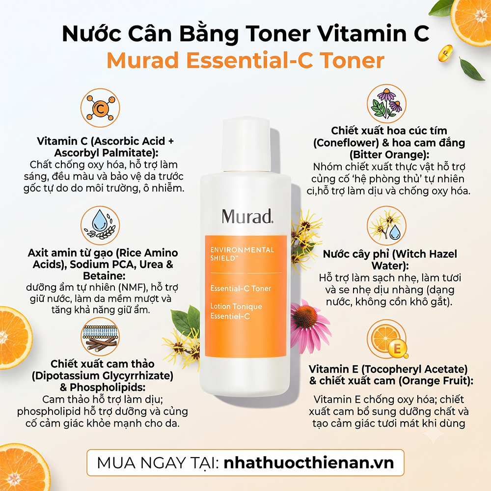 thanh phan Murad Essential-C Toner vitamin C hoa cuc tim axit amin gao
