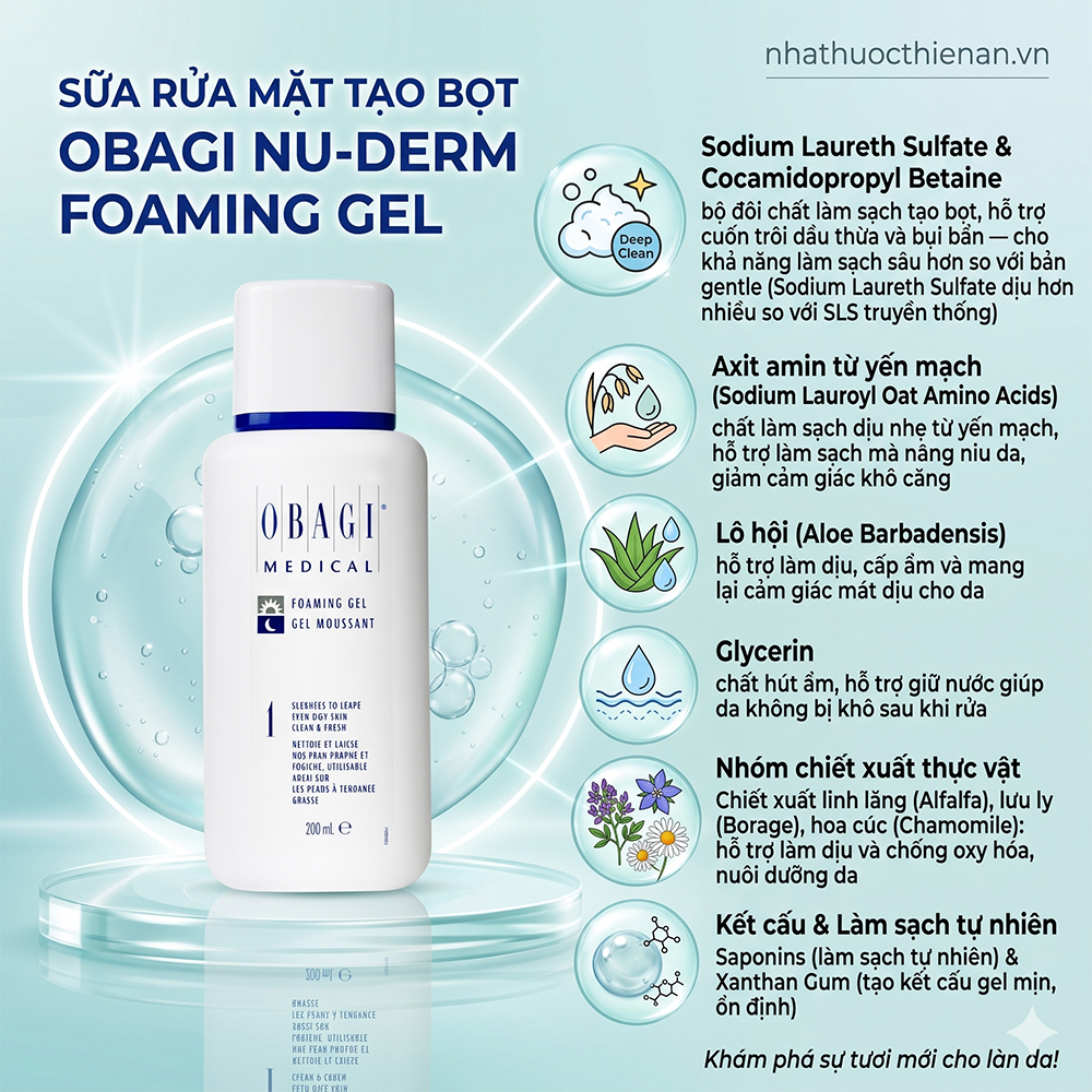 thanh phan Obagi Foaming Gel oat amino acid lo hoi glycerin