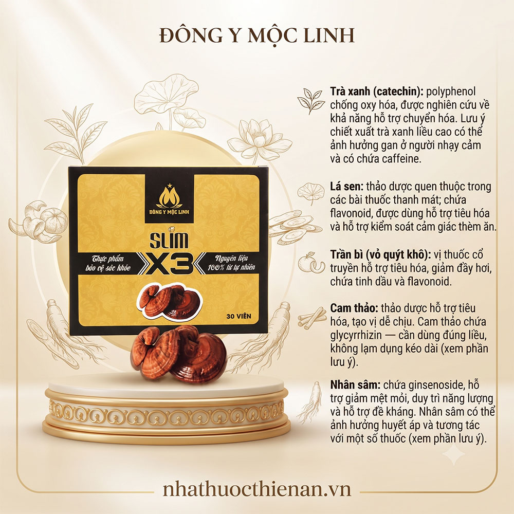 thanh phan Slim X3 Moc Linh tra xanh la sen tran bi cam thao nhan sam