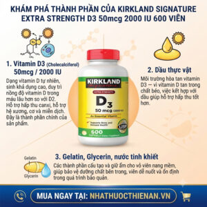 thanh phan Vitamin D3 Kirkland cholecalciferol 50mcg 2000 IU vien nang mem