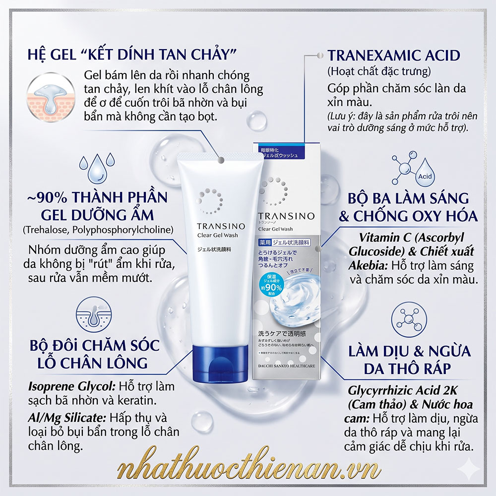 thanh phan gel rua mat Transino Clear Gel Wash tranexamic acid cam thao vitamin C