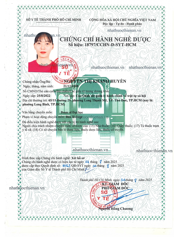 Chứng chỉ hành nghề dược - Dược sĩ Nguyễn Thị Khánh Huyền - Nhà Thuốc Thiên Ân