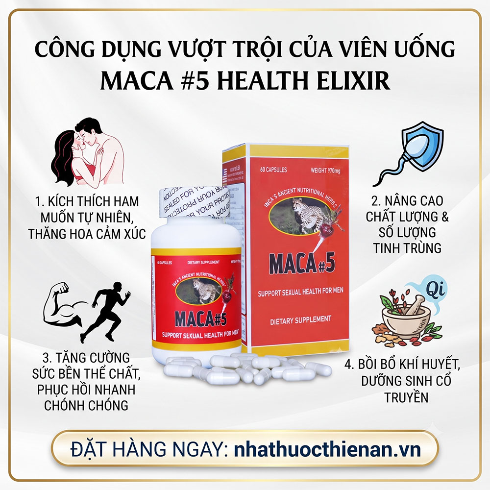 cong dung Maca 5 Health Elixir bo than trang duong nang cao sinh luc