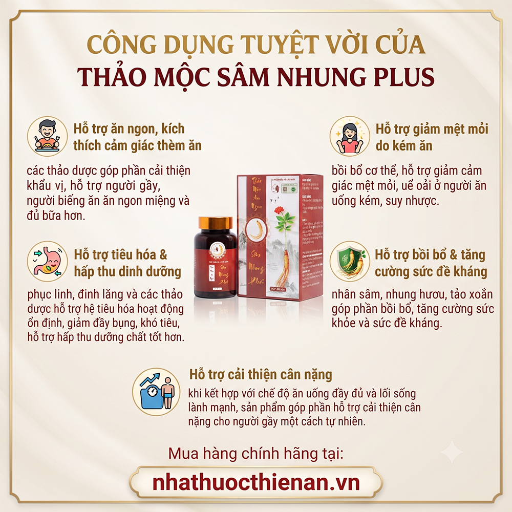 cong dung Sam Nhung Plus ho tro an ngon giam met moi tieu hoa cai thien can nang