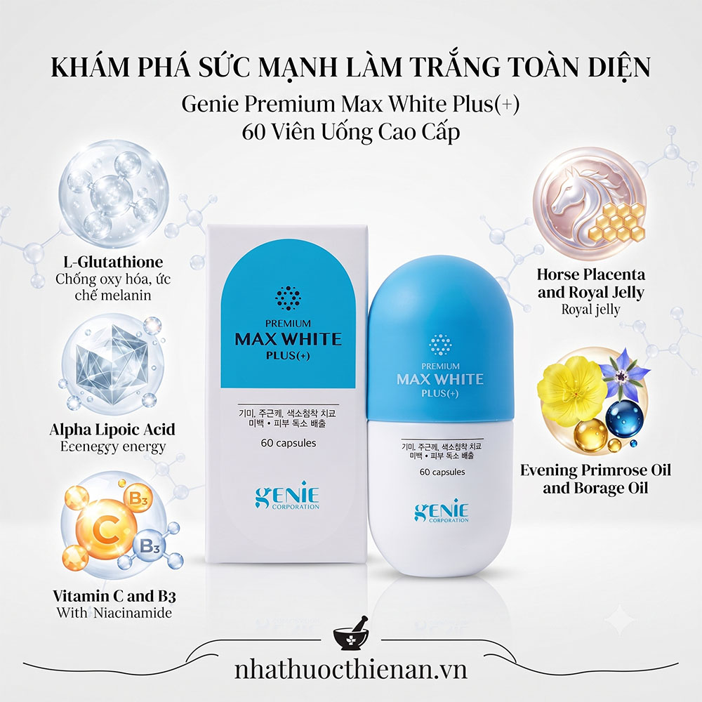 thanh phan genie max white plus l-glutathione nhau thai ngua alpha lipoic acid vitamin c