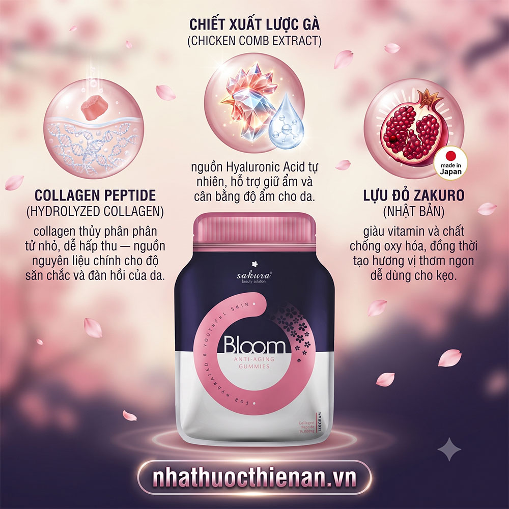 thanh phan sakura bloom collagen peptide chiet xuat luoc ga hyaluronic acid luu do zakuro
