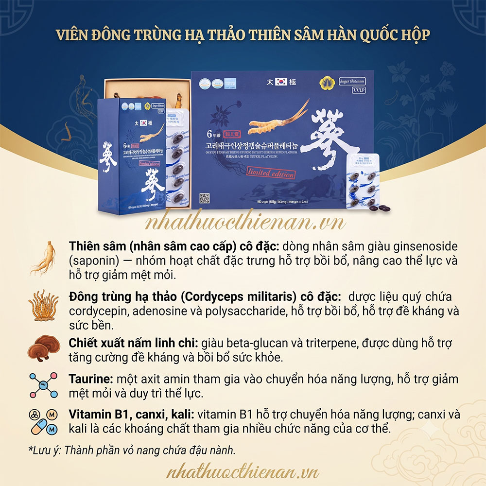 thanh phan vien dong trung Thien Sam nhan sam dong trung linh chi taurine