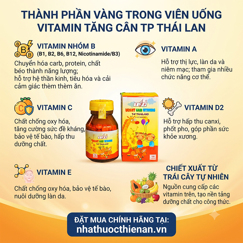 thanh phan vitamin tang can TP Thai Lan 9 vitamin A D B C E chiet xuat trai cay
